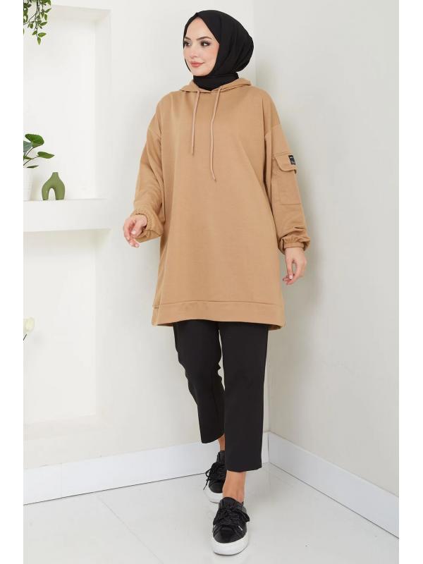 Kapüşonlu Kolu Cep Detaylı Sweatshirt Tunik Camel HM2582