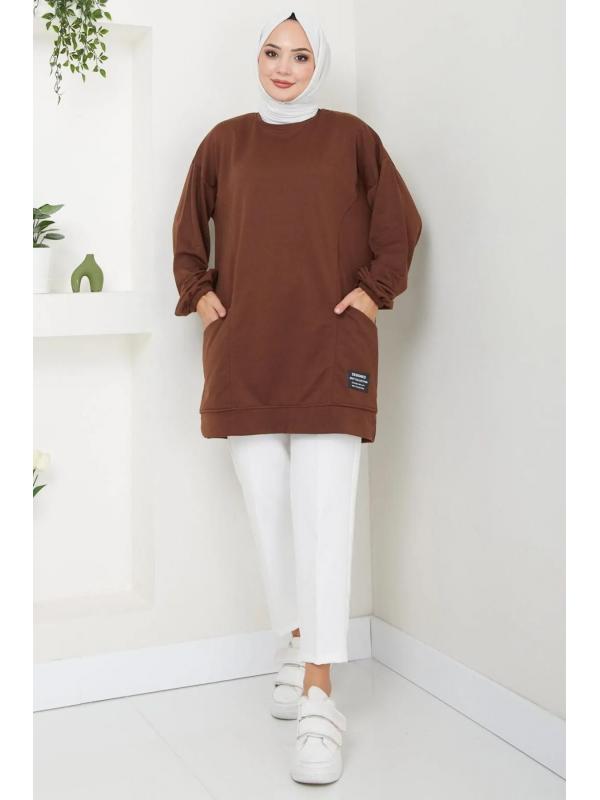 Torba Cepli Bisiklet Yakalı Sweatshirt Tunik Kahverengi  HM2509