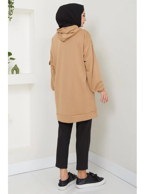 Kapüşonlu Kolu Cep Detaylı Sweatshirt Tunik Camel HM2582