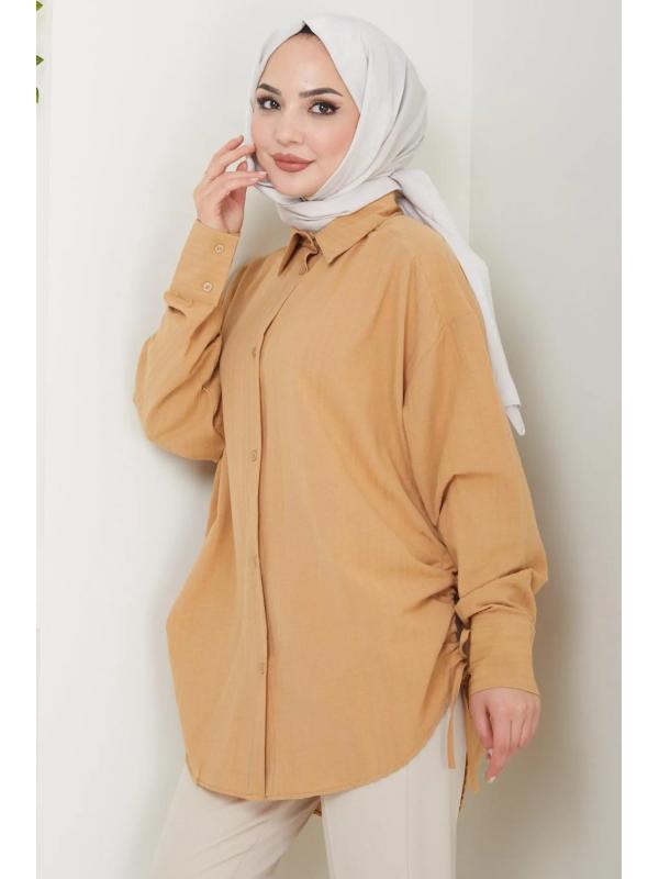 Yandan Bağlamalı Oversize Gömlek Camel HM2471