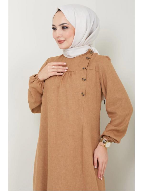 Düğme Detaylı Elbise Camel HM2436