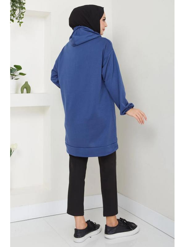 Kapüşonlu Kolu Cep Detaylı Sweatshirt Tunik İndigo HM2582