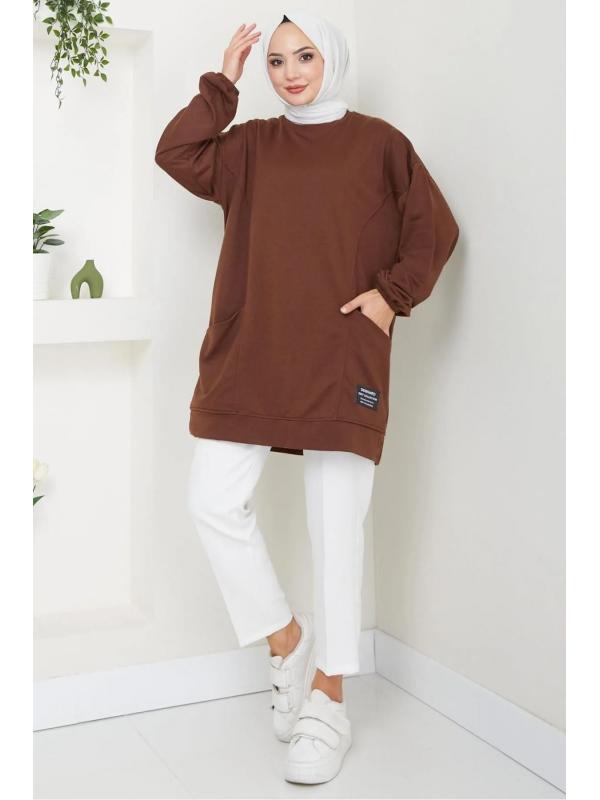 Torba Cepli Bisiklet Yakalı Sweatshirt Tunik Kahverengi  HM2509