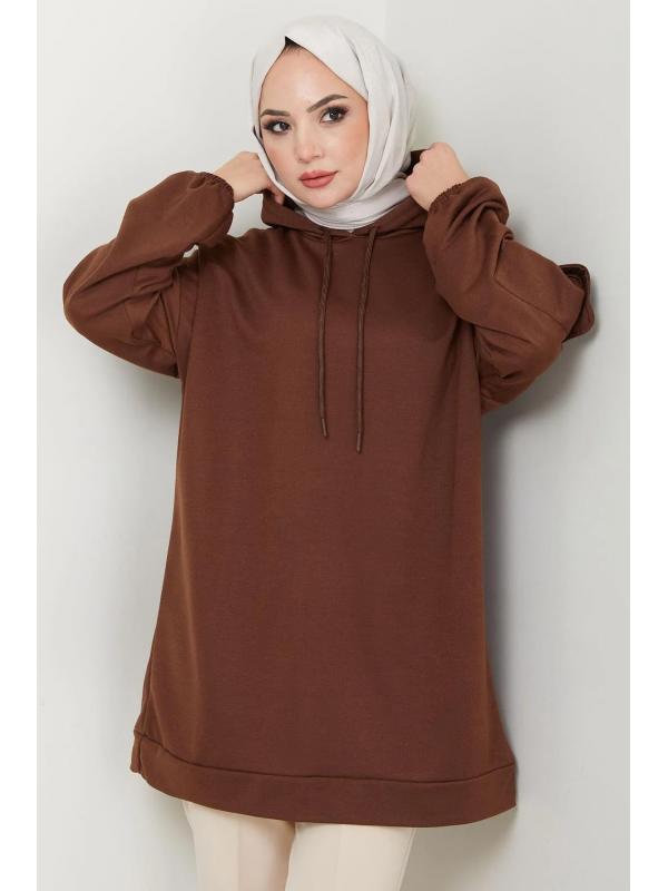 Kapüşonlu Kolu Cep Detaylı Sweatshirt Tunik Kahverengi HM2582