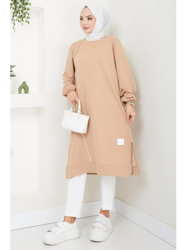 Biye Detaylı Uzun Sweatshirt Tunik Camel HM2508