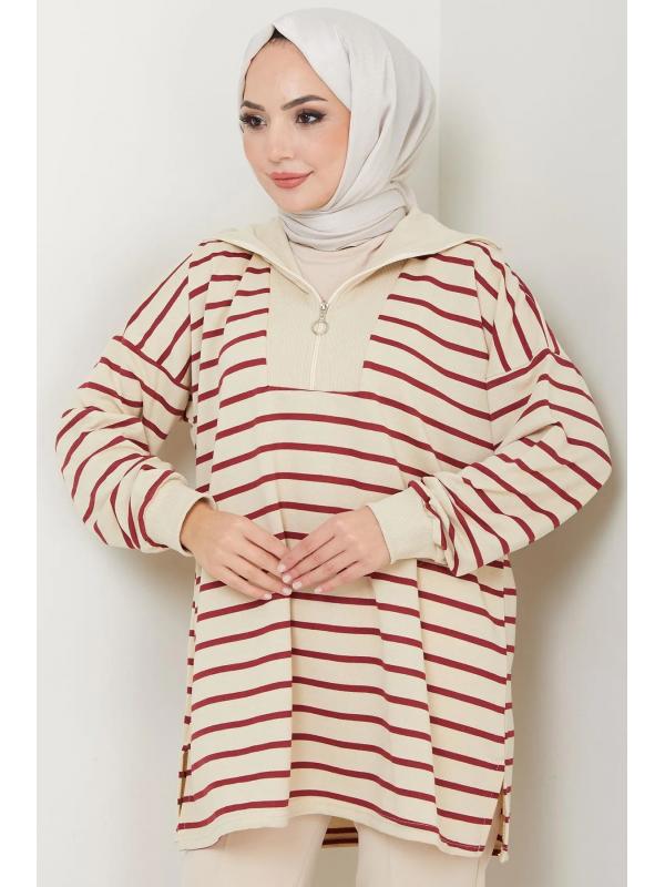 Yakası Fermuarlı Çizgili Sweatshirt Tunik Kırmızı HM2592