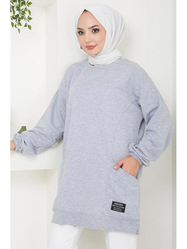 Torba Cepli Bisiklet Yakalı Sweatshirt Tunik Gri HM2509