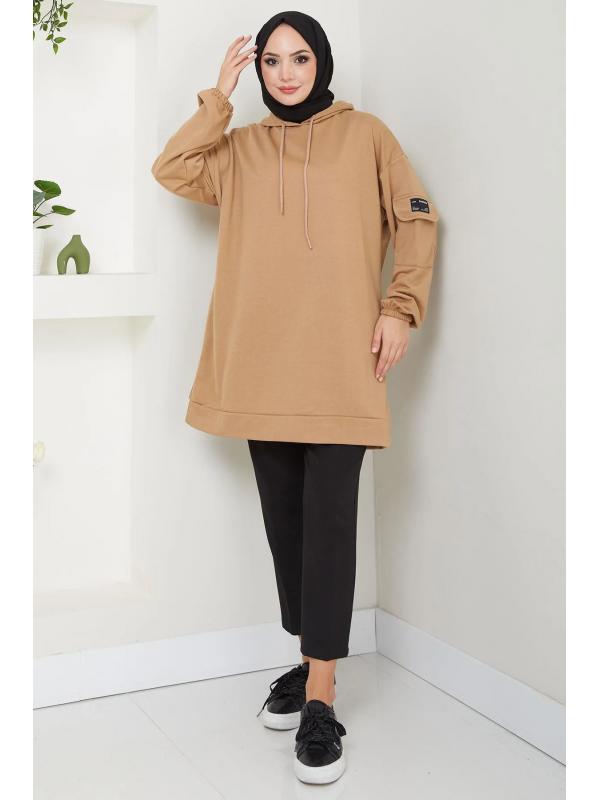 Kapüşonlu Kolu Cep Detaylı Sweatshirt Tunik Camel HM2582