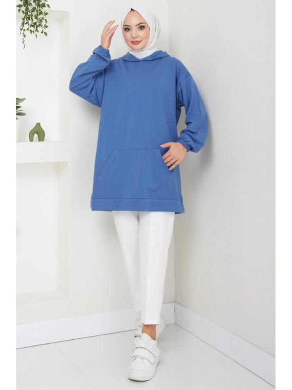 Kanguru Cepli Kapüşonlu Sweatshirt Tunik İndigo HM2510