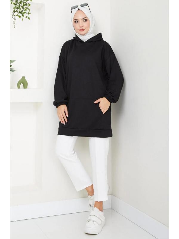 Kanguru Cepli Kapüşonlu Sweatshirt Tunik Siyah HM2510