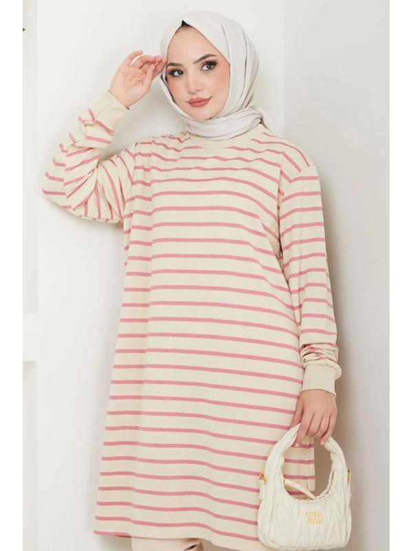 Bisiklet Yaka Çizgili Tunik Pembe HM2512