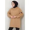 Kapüşonlu Kolu Cep Detaylı Sweatshirt Tunik Camel HM2582