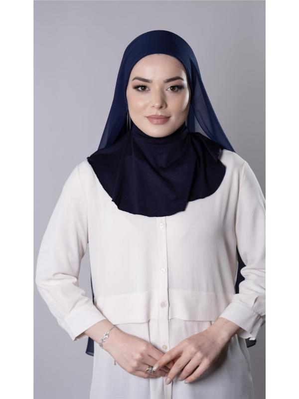 Lacivert Pratik Hazır Geçmeli Şal Şifon Kumaş Hijab Bone 3009_02