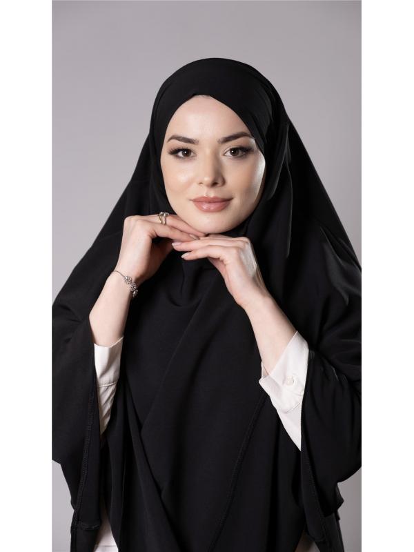 Siyah Pratik Hazır Geçmeli Tesettür Eşarp Medine İpeği Bağcıklı Çift Katlı Sufle Hijab 2302_01