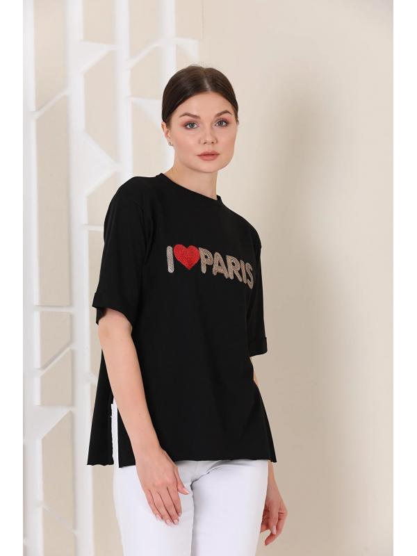 Kadın Oversize Paris Baskılı Yırtmaçlı T-shirt