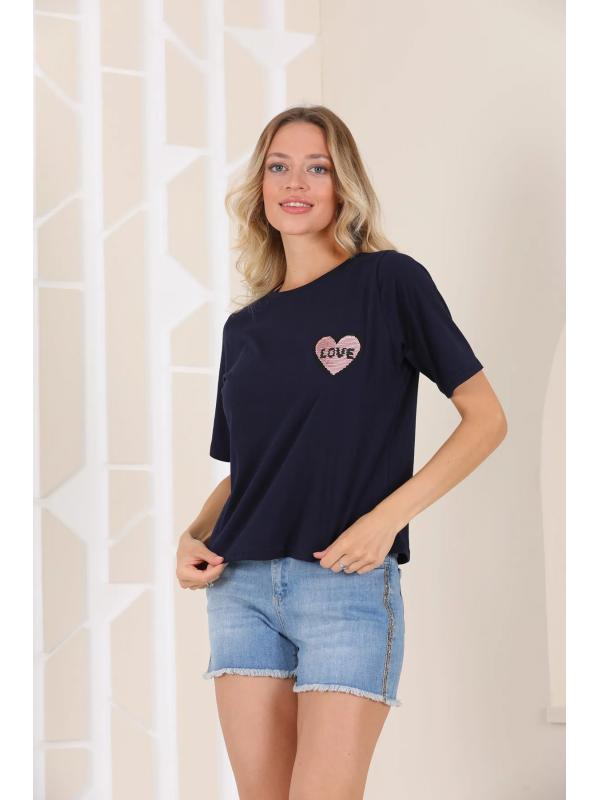 Kadın Lacivert Love Pul Payet Detaylı T-Shirt