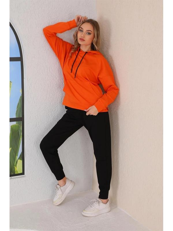 Kabartma Kalp Desenli Günlük Sweat Jogger Kadın Spor Takım Turuncu