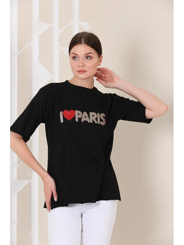 Kadın Oversize Paris Baskılı Yırtmaçlı T-shirt